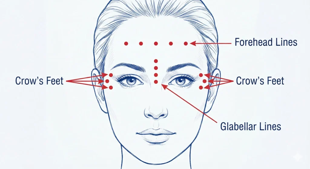 Common neurotoxin injection sites (Botox or Xeomin) for forehead lines and crows feet