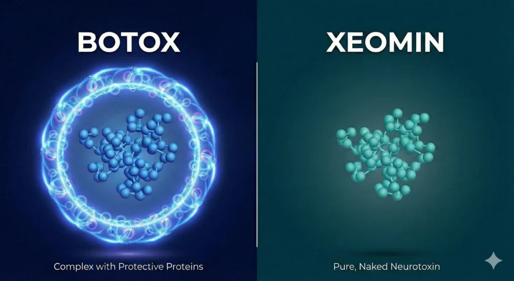 Side by side comparison of Botox and Xeomin showing pure vs protein structure