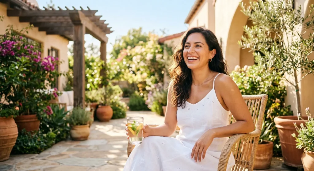 Confident woman enjoying natural summer skin glow after completing collagen banking with PRF at Serenity Medical Aesthetics, Pasadena