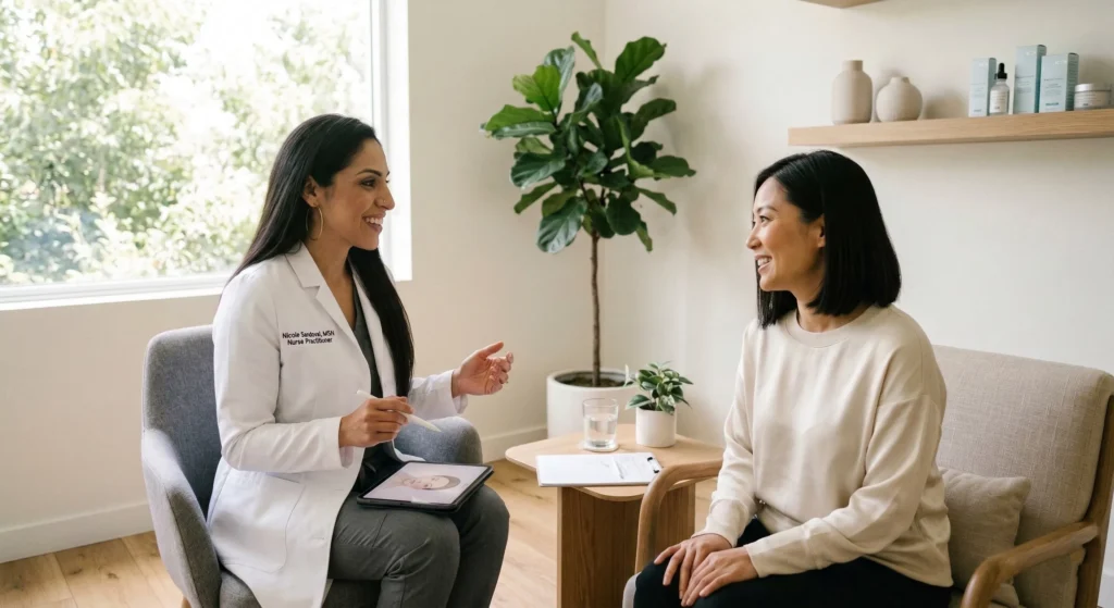 Relaxed patient consulting with an expert medical provider about PRF EZ gel treatments at Serenity Medical Aesthetics Pasadena