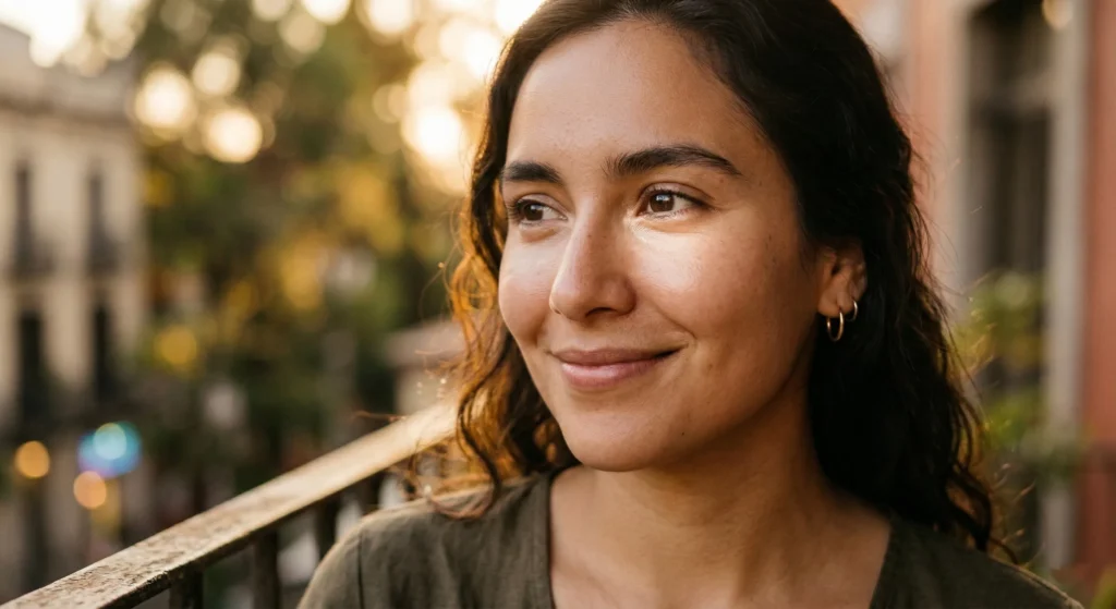 Woman with radiant and refreshed under-eye skin in warm sunlight showcasing natural PRF EZ gel results