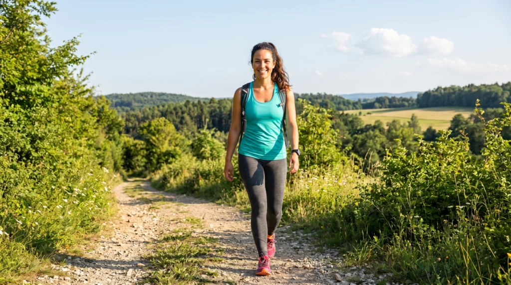 A confident, active woman smiling outdoors, representing successful medical weight loss and breaking through a plateau