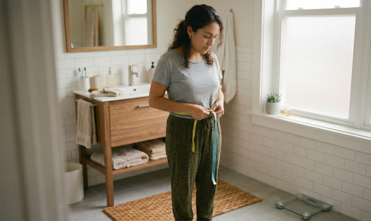 A thoughtful woman looking at a measuring tape, representing the experience of a weight loss plateau