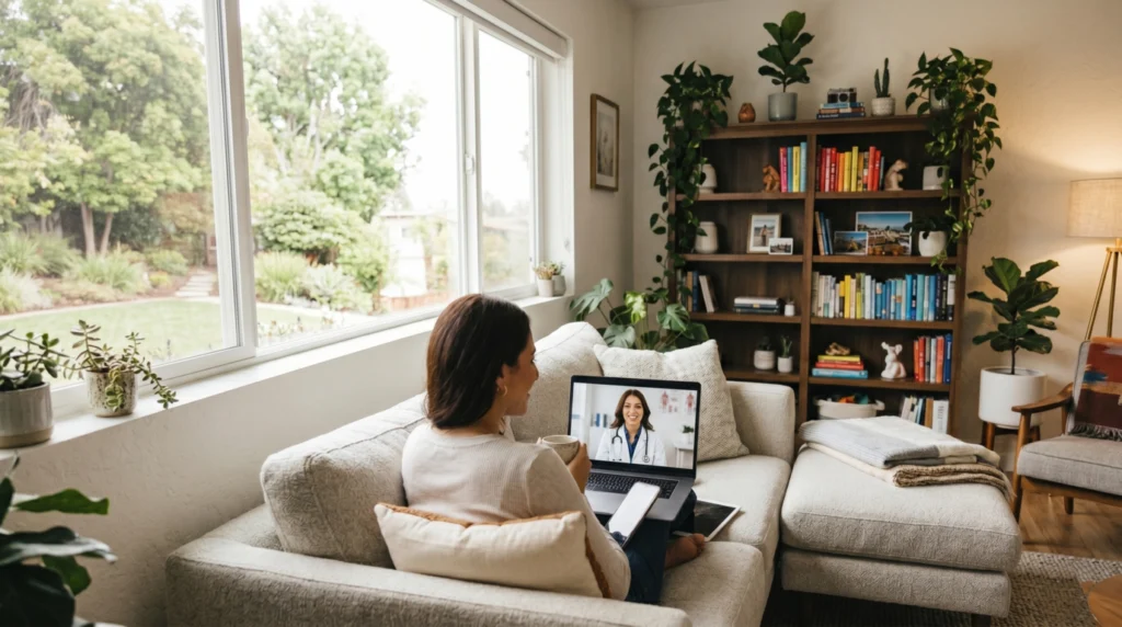 A woman enjoying a convenient remote weight management consultation with Nicole on her laptop from home
