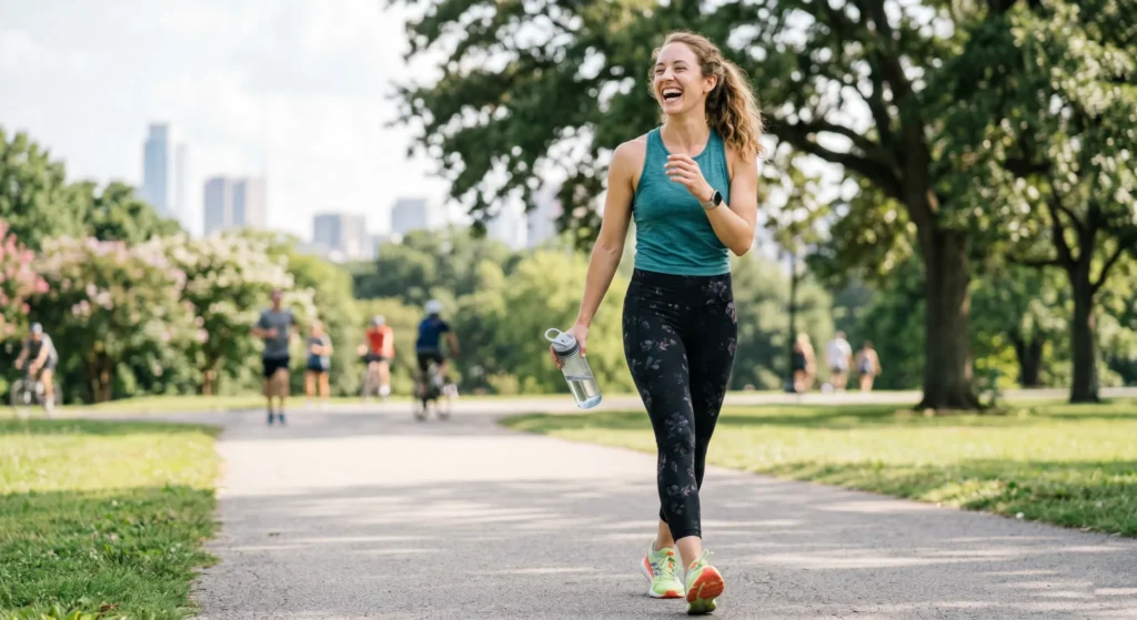 A confident adult walking outdoors, representing the sustainable health benefits of medically supervised weight loss