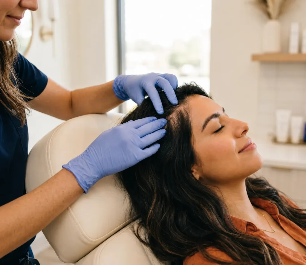 A relaxed patient preparing for platelet rich plasma hair injections to treat hair thinning.