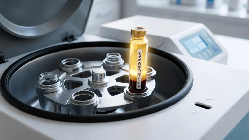 A vial of golden platelet-rich plasma prepared for a non-surgical hair loss treatment.