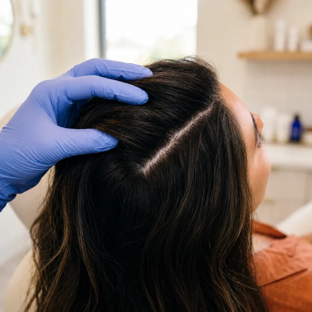Close up of healthy hair follicles demonstrating the results of a complete PRP hair restoration timeline.