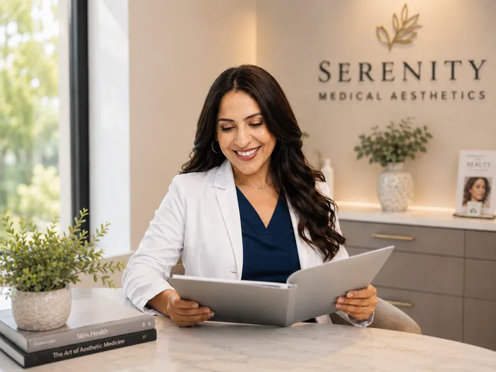 Nicole Sandoval in her Pasadena clinic reviewing a PRP hair treatment case.
