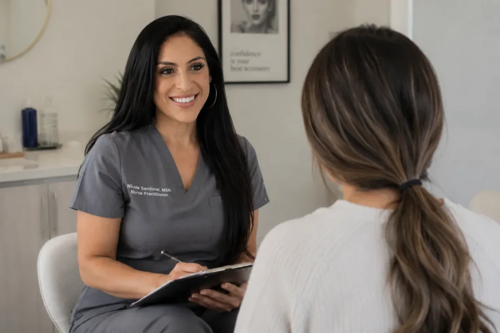 Patient having a skin assessment and consultation with Nicole at Serenity Medical Aesthetics in Pasadena.