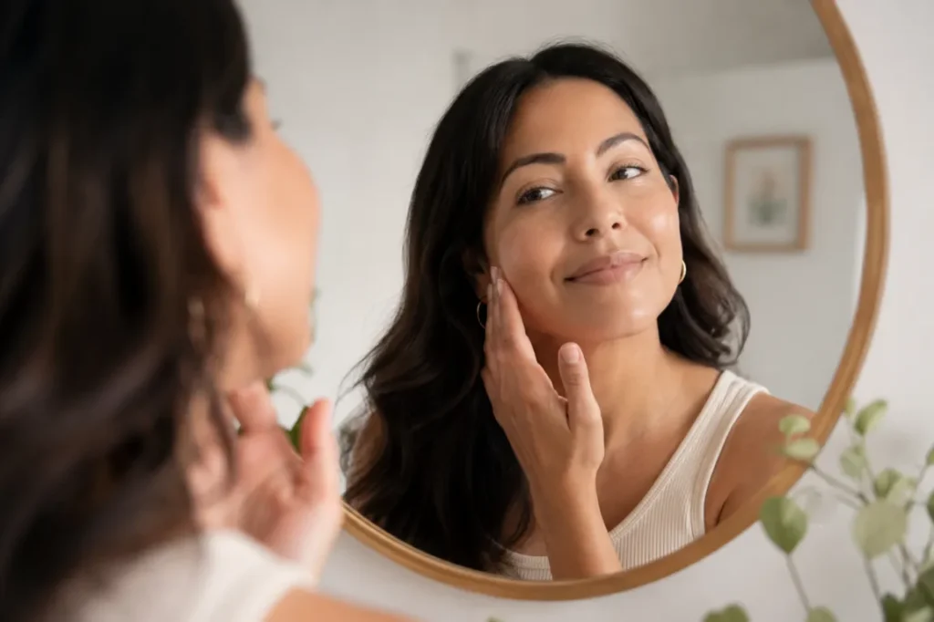 Woman in her late twenties admiring her smooth skin, representing the softening of fine lines and shallow acne scars.