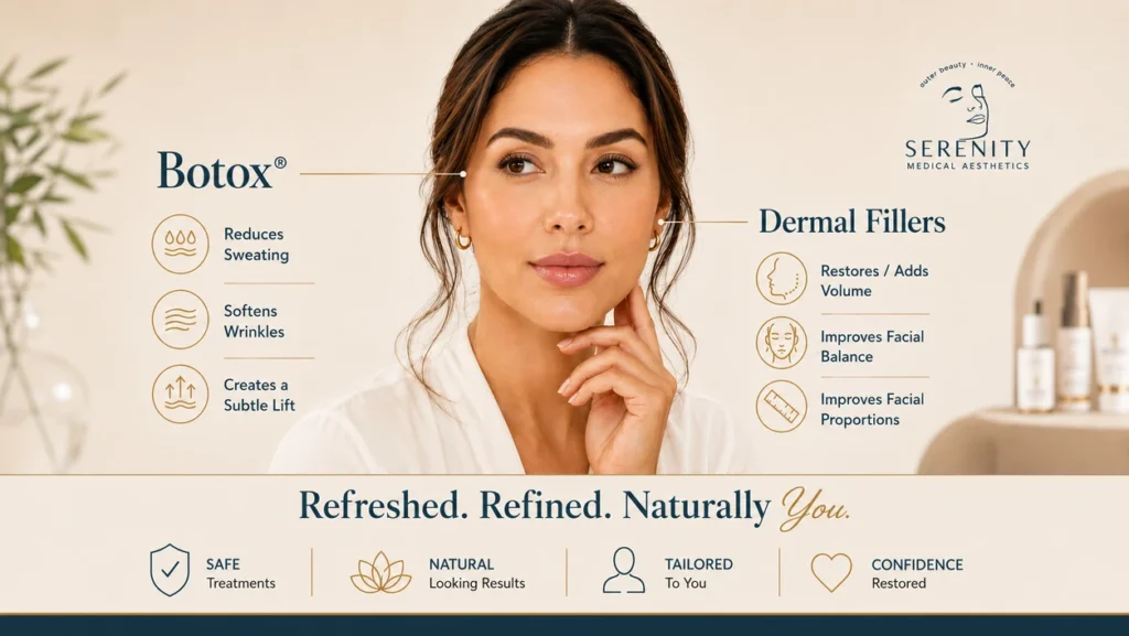 Botox vs. dermal fillers comparison showing wrinkle reduction and facial volume restoration