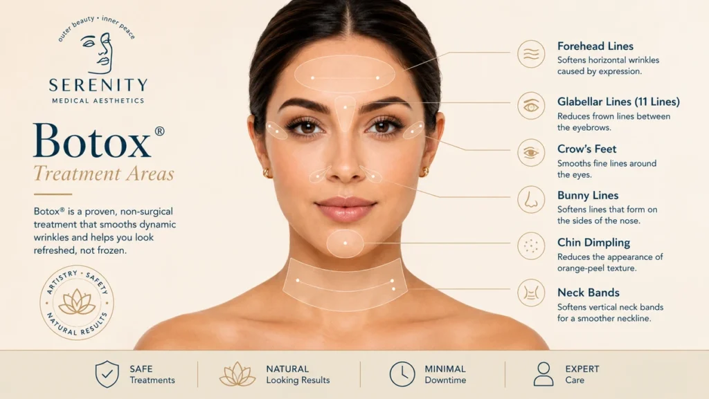 Common Botox treatment areas including forehead lines, crow's feet, and frown lines