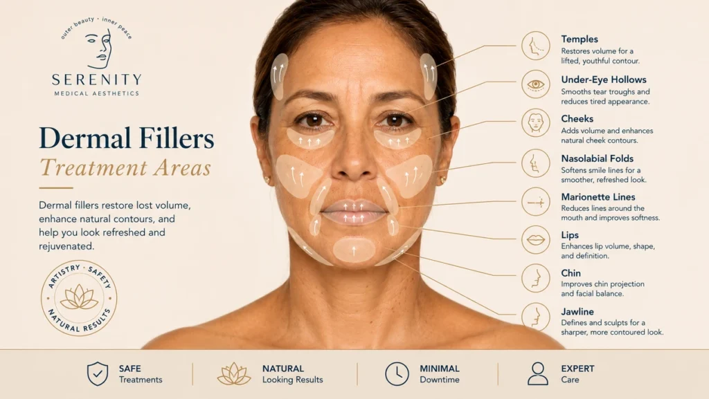 Dermal filler treatment areas for restoring facial volume and contour