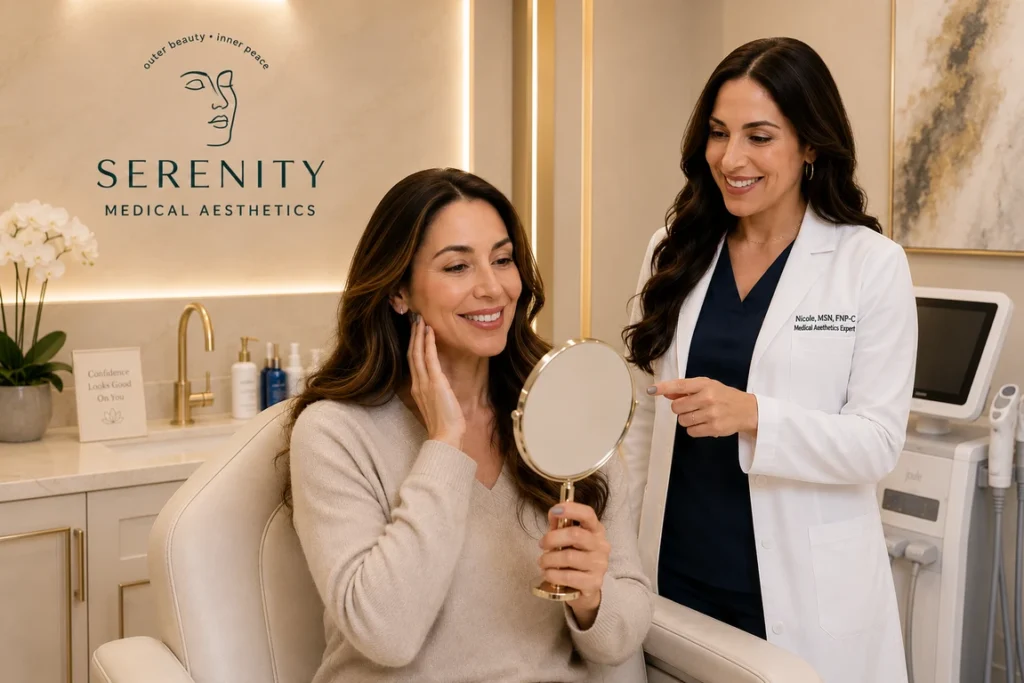 Patient reviewing natural Botox and filler results after personalized consultation