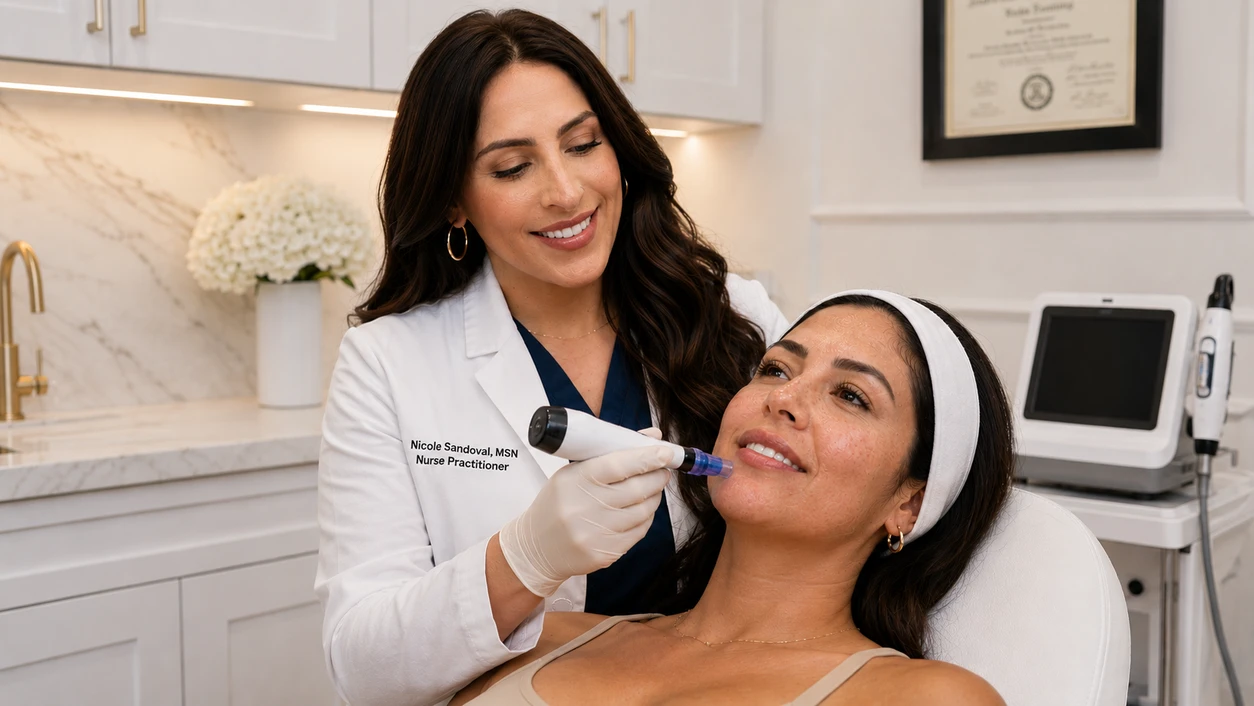 Professional microneedling treatment on a woman's face at Serenity Medical Aesthetics