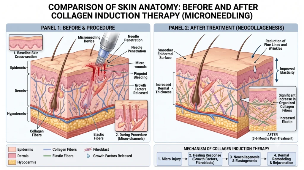 Side-by-side illustration showing collagen regeneration and smoother skin