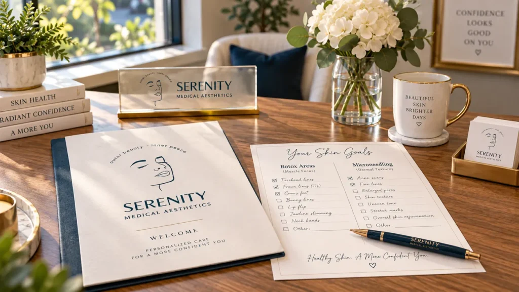 A personalized treatment plan chart at Serenity Medical Aesthetics, outlining a customized protocol that integrates both Botox for wrinkle control and Microneedling for dermal texture improvement.