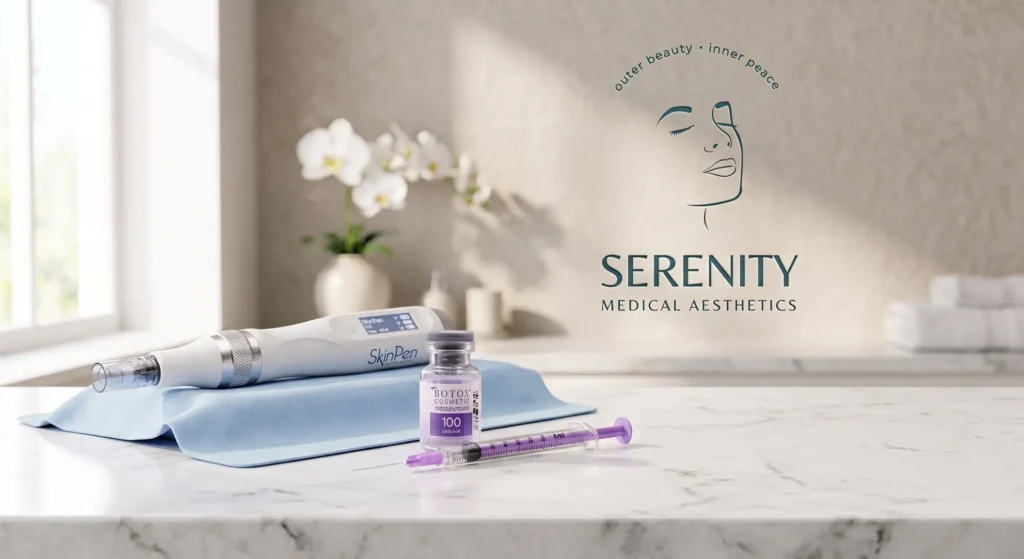 A professional microneedling pen device next to a botox vial and syringe at Serenity Medical Aesthetics in Pasadena.