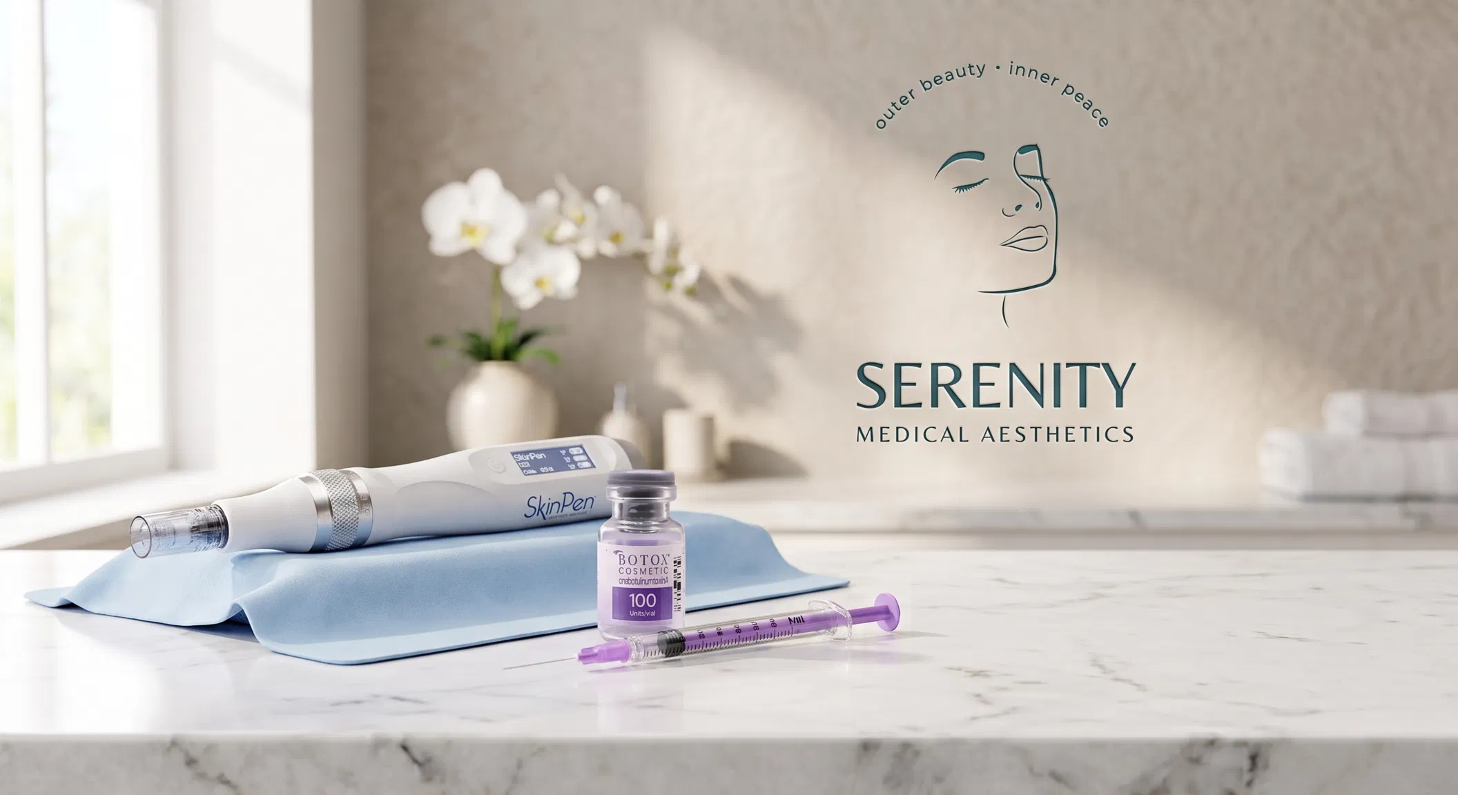 A professional microneedling pen device next to a botox vial and syringe at Serenity Medical Aesthetics in Pasadena.