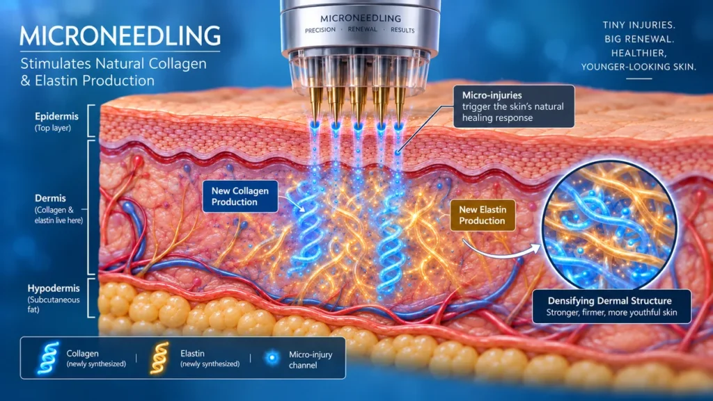 An illustrated cross-section diagram showing how microneedling creates controlled micro-injuries in the skin, stimulating the deep production of new collagen and elastin fibers for firmer texture.