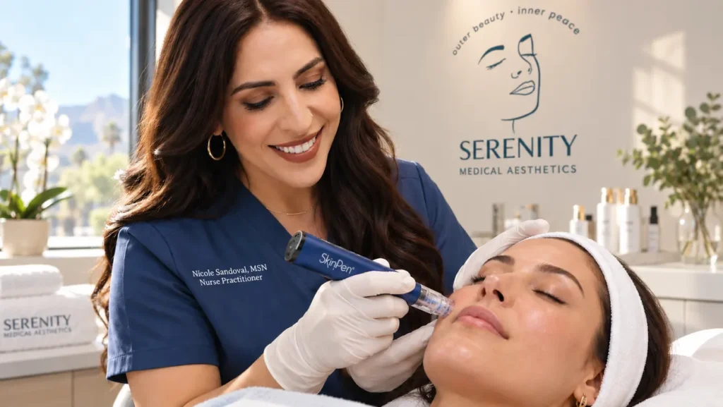 Close-up photograph of a SkinPen® microneedling treatment being performed by an expert practitioner in a Pasadena clinic. 