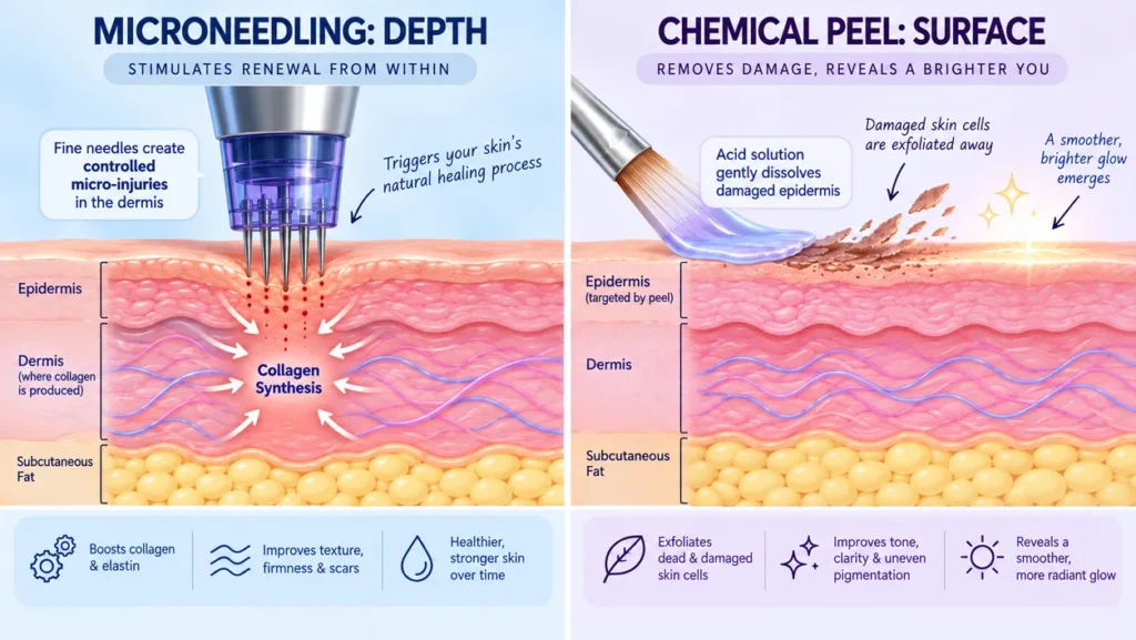 Infographic comparing the depth of action of Microneedling and Chemical Peel on skin layers for acne scars and sun damage in Pasadena.
