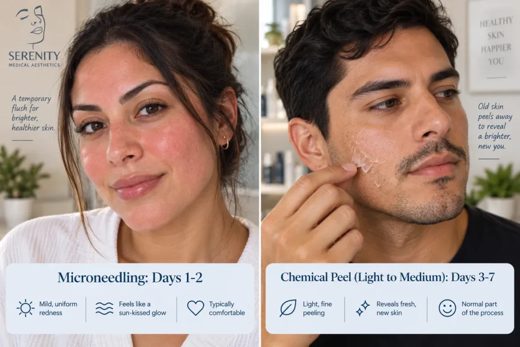 Photo comparing the immediate post-microneedling redness and the light skin flaking expected after a chemical peel.