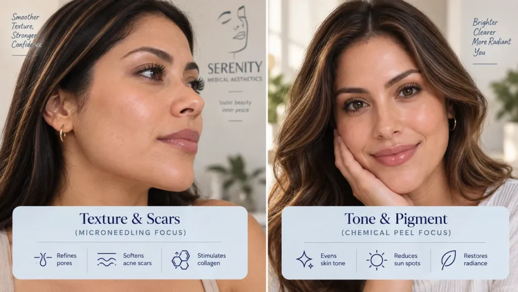 Photos showing improved skin texture (left) and even skin tone (right) from Microneedling and Chemical Peel treatments.