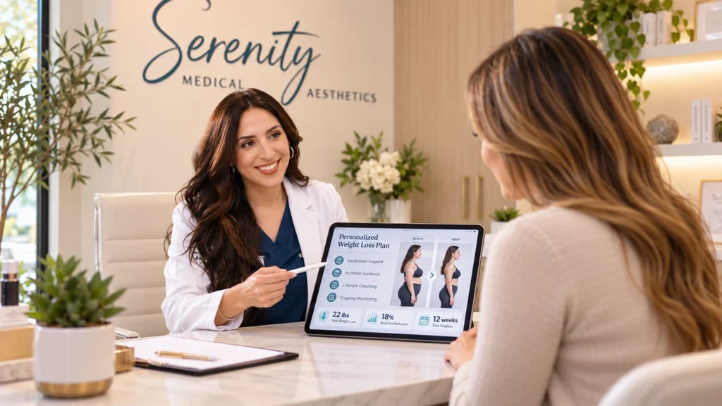 Board-certified medical provider discussing GLP-1 weight loss medication options with patient at Serenity Med Pasadena