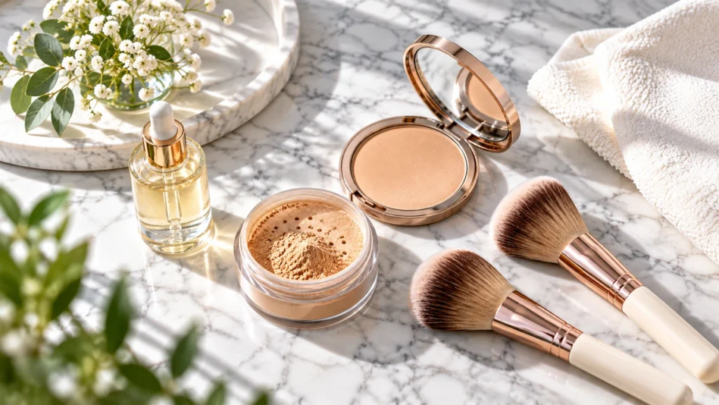 Gentle mineral makeup powder and sanitized brushes recommended for care after micro needling
