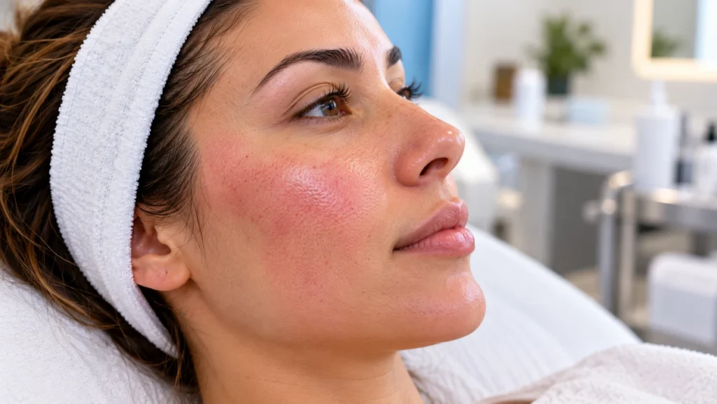 Mild pinkness and flush visible on skin right after microneedling treatment