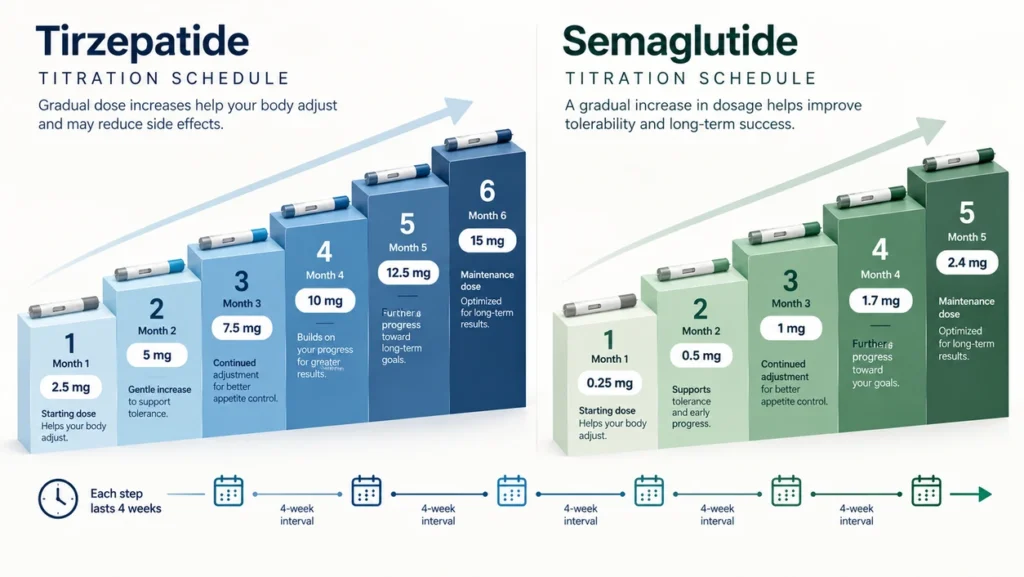 Side-by-side titration schedules comparing 4-week dose escalation steps for Zepbound and Wegovy