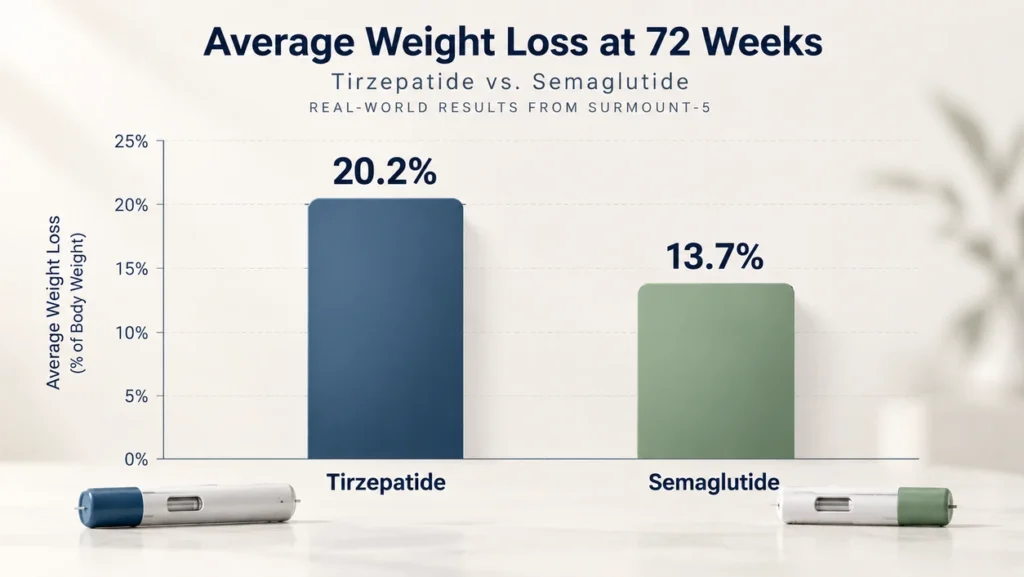 Surmount-5 head-to-head clinical trial results showing average percentage weight loss of tirzepatide vs semaglutide