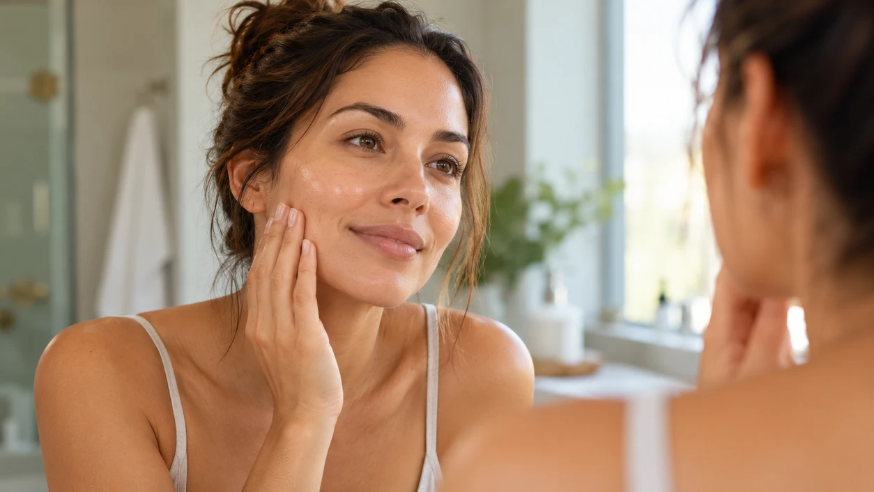 Woman inspecting calm bare skin before applying makeup after microneedling in Pasadena